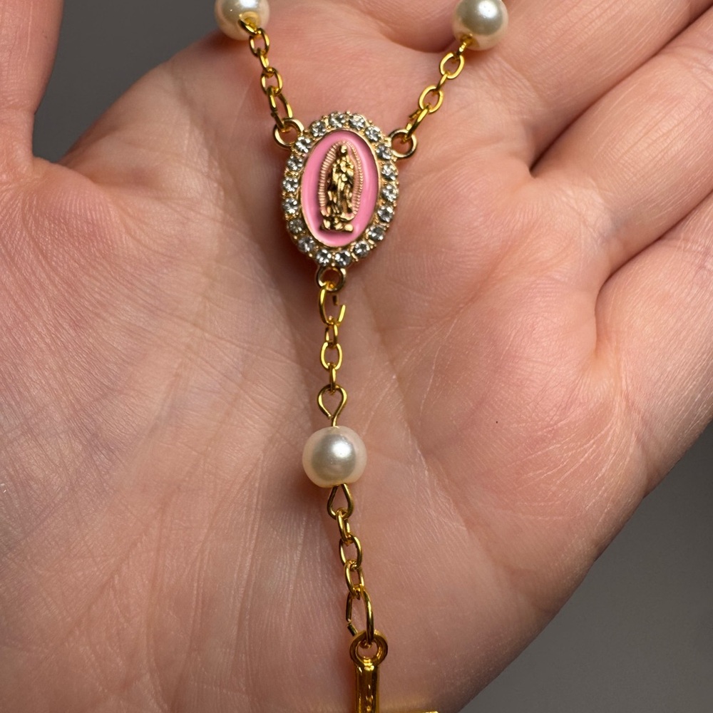 Pink & Gold Rosary Bag Charm/Keychain | Pearls, Crucifix & Lady Guadalupe Accent - Picture 11 of 12